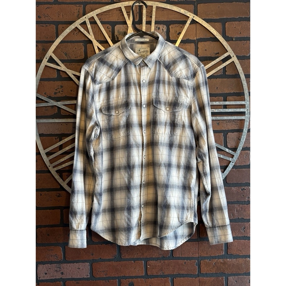 Men's Lucky Brand Classic Fit Plaid Pearl‎ Button Up Snap Shirt Gray Size M